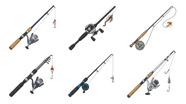 Detailed collection of six professional fishing rods featuring various spinning reels casting lines cork handles metal components and colorful bobbers presented as a high quality vector illustration s