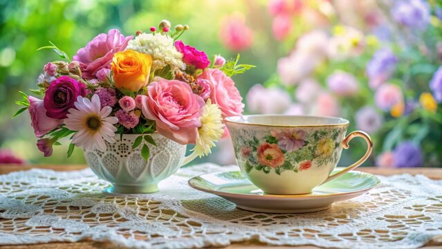 A delicate china cup rests upon a vintage lace tablecloth surrounded by a bouquet of fresh colorful flowers