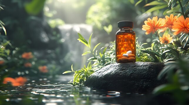 A bottle of hydration tablets rests on a mossy rock beside a serene jungle stream with vibrant orange flowers and lush greenery. Natural light filters through foliage, emphasizing wellness.