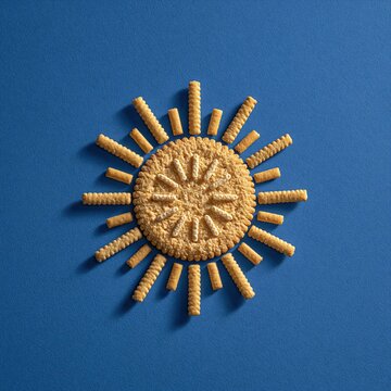 Creative minimalist arrangement of salty crackers shaped into a bright sun pattern on solid deep blue background for playful summertime snack food art concept