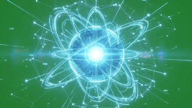 Digital AI core activation animation. Futuristic data sphere with rotating energy rings.