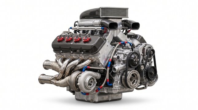 Powerful V8 Muscle Car Combustion Engine Isolated on White
