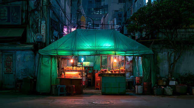 A nighttime street view of a pojangmacha tent serving soju and skewered fish cakes (2)