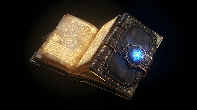 Ancient magical grimoire with glowing blue gemstone and runic symbols