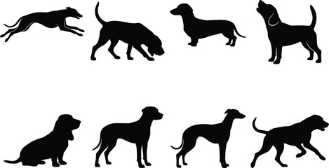 Obraz premium Set of Dog Breeds Silhouettes In Various Poses Running Standing and Howling Vector Illustration