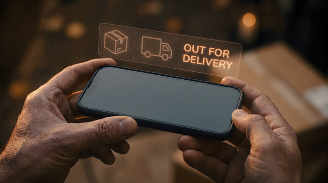 Out for delivery notification on smartphone, person tracking package shipment via mobile app, logistics and e-commerce delivery status interface