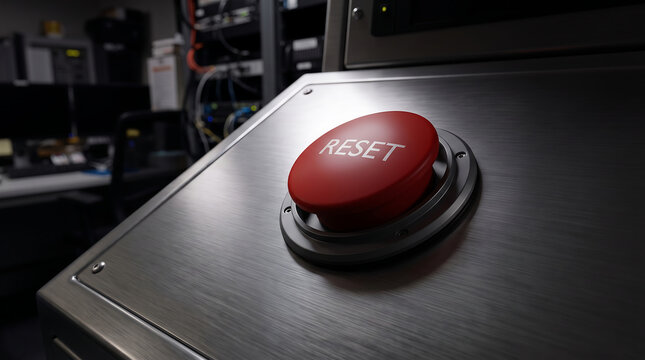 Emergency large red reset button with chrome border mounted on metal control panel in industrial server room ready for immediate system restoration.