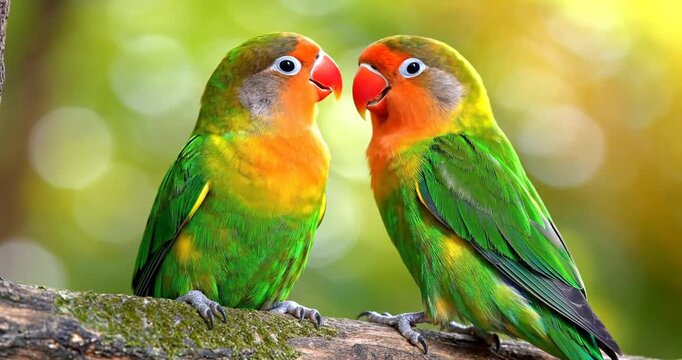 Two vibrant lovebirds perched on a branch, sharing a tender moment in a lush green setting