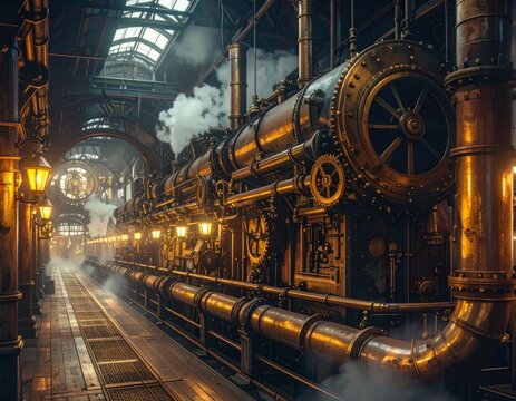 Industrial steampunk steam train inside metallic railway station.