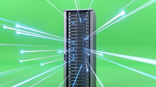 A sleek server tower emanating beams of light against a vibrant green backdrop, suggesting high technology and data processing