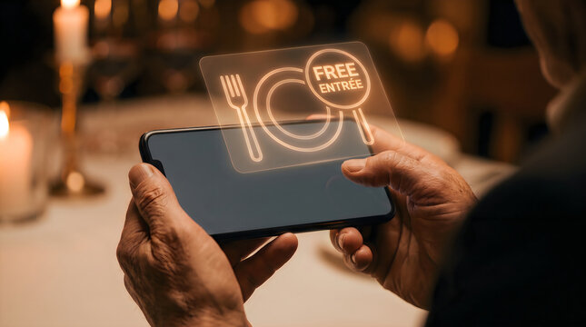 Augmented reality restaurant coupon on smartphone, digital free entree voucher hologram, mobile dining app promotion in candlelit setting
