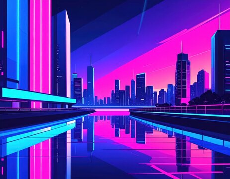 Abstract geometric neon city skyline reflecting in water.