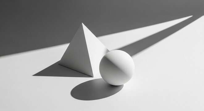 Geometric shapes with dramatic shadows. Minimalist 3D forms on a white surface.