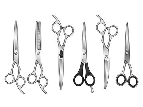 Six professional hair cutting scissors and thinning shears arranged in a neat collection featuring various metallic finishes and ergonomic black handles designed for salon stylists and barbers to achi