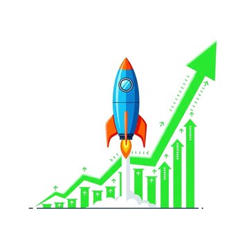 Vibrant illustration of a business rocket launching from an upward financial graph, conceptualizing rapid startup growth, market success, and accelerating progress