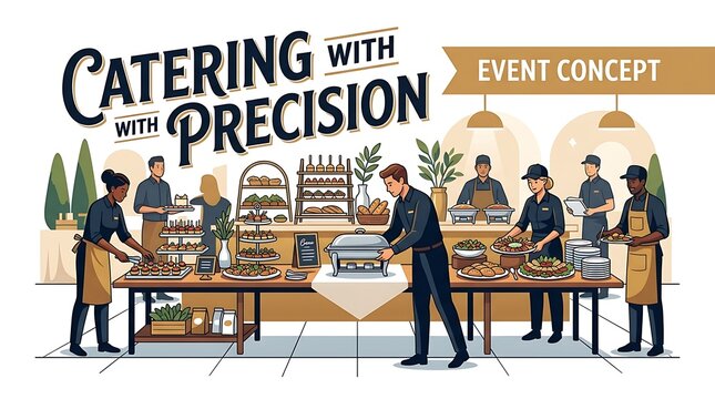 Professional catering team preparing an elegant buffet for an event
