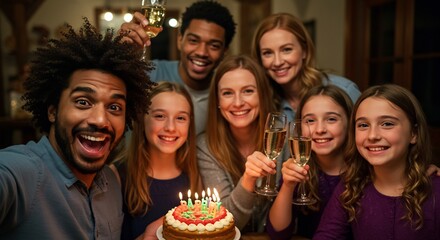 Obraz premium 温かい照明が包み込む部屋で家族や友人が集まり笑顔で誕生日を盛大に祝うパーティーの瞬間キラキラ輝くシャンパンとケーキのキャンドルが幸せを演出する. AI Generated