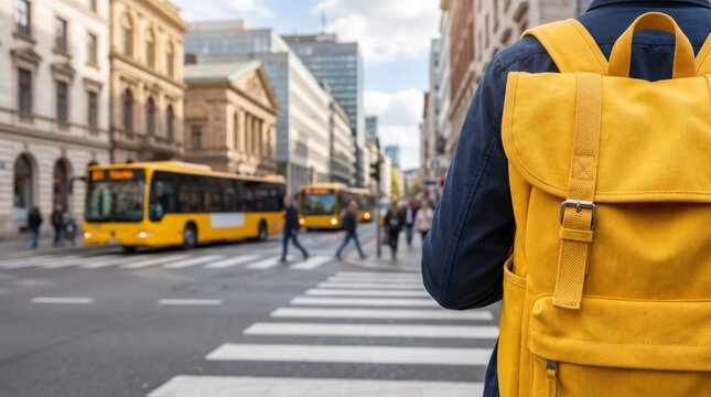 Person with yellow backpack waiting at a city crosswalk with buses