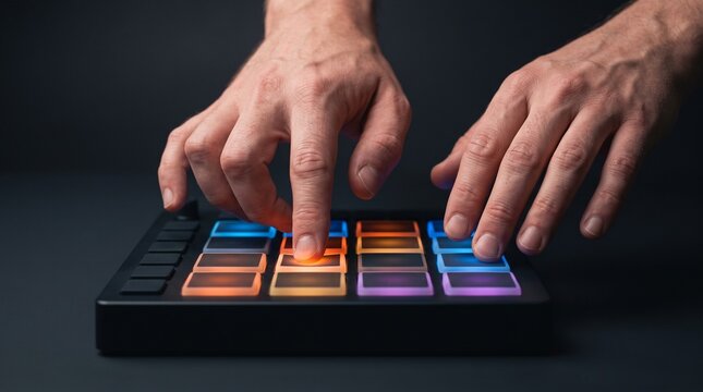 Close Up Hands Playing Illuminated MIDI Drum Pad Beatmaker Studio