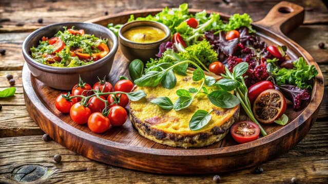 A traditional bobotie platter with fresh garden salads artfully arranged on a rustic wooden board inviting delight