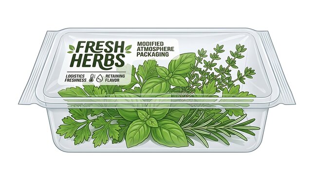 Fresh organic herbs assortment in plastic modified atmosphere container