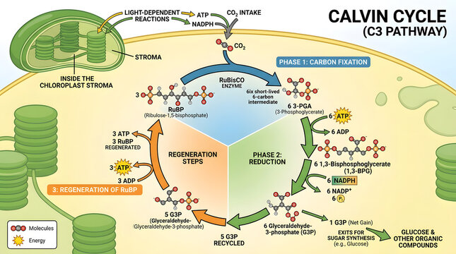 Calvin cycle c3 pathway phase one carbon fixation phase two reduction and phase three rubp regeneration.