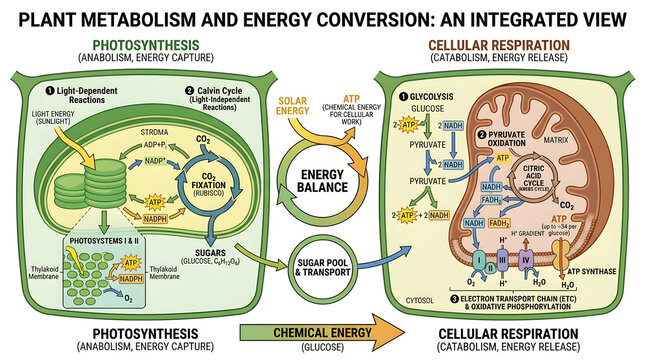 Plant metabolism and energy conversion integrated view of photosynthesis and cellular respiration.