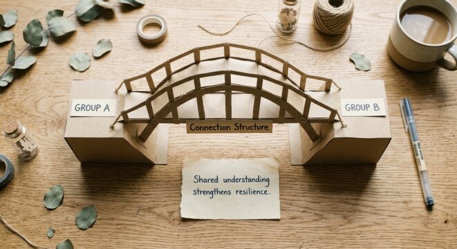 Paper bridge model with 'Connection Structure' label and inspirational quote on wooden desk
