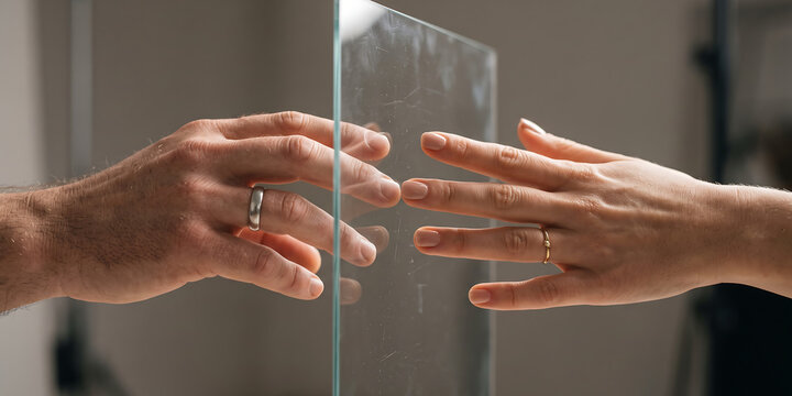 Close up shot of man and woman reaching towards each other with glass surface between them symbolizing relationship distance and communication barrier.