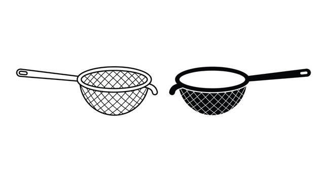 Kitchen sieve strainer icons in outline and solid styles for cooking graphics
