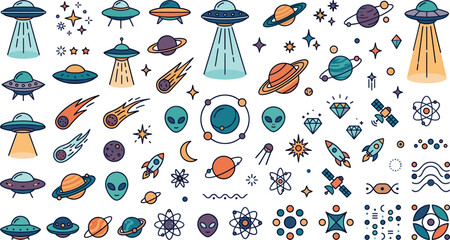 Geometric retro futurism galaxy asset pack including celestial bodies meteorites science fiction symbols and abstract star clusters vector, 18 words. © Monirul