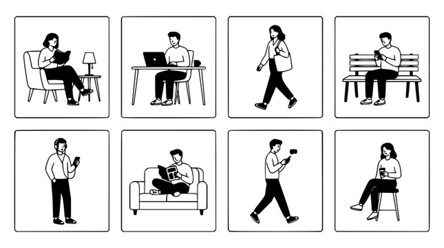People set with diverse flat-style character illustrations featuring business, casual, and creative poses with modern icons and vibrant colors