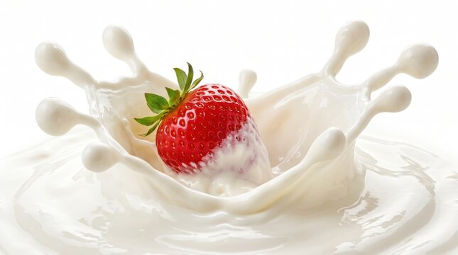 Fresh Ripe Red Strawberry Falling Into Creamy White Yogurt Creating A Refreshing Splash Isolated On A Clean Background