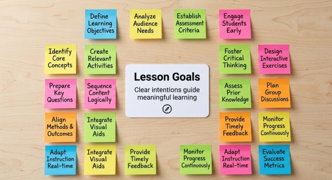 Lesson Goals Layout With Sticky Notes On A Wooden Surface