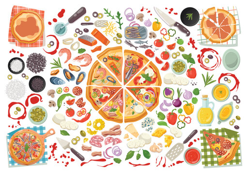 Pizza recipe constructor illustration for menu whole pies slices, ingredients vegetables, meats, cheeses and cooking utensils on wooden board flat cartoon design