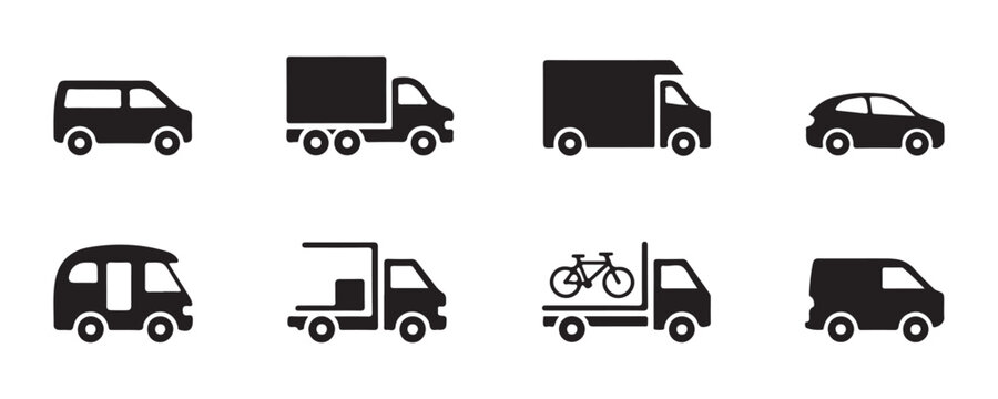 Eight different types of transportation vehicle icons on transparent background vector art.