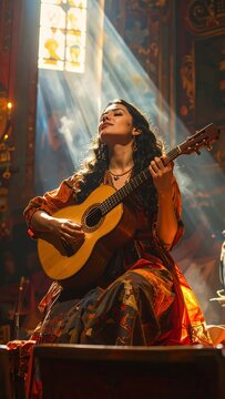 Beautiful Woman Playing Guitar in Sunlit Room.