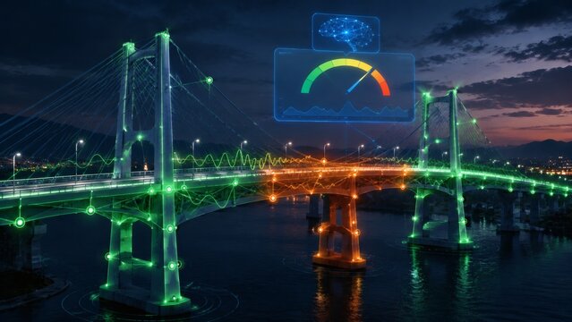 Futuristic AI-powered bridge with glowing digital interface at dusk, cyberpunk cityscape