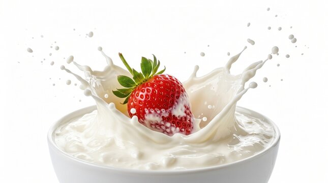 Fresh Strawberry Falling Into a Bowl of Creamy Yogurt Creating a Dynamic Splash for Healthy Breakfast Food Photography Concept