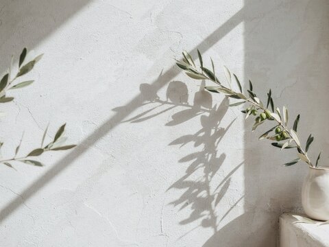Olive tree branch with green leaves and olive fruits casting soft shadow on plaster wall
