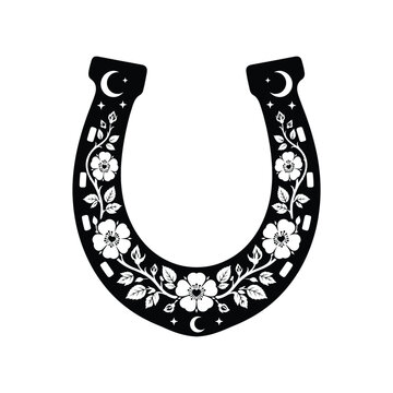 Celestial Floral Horseshoe Vector Silhouette Moon Stars Lucky Charm Tattoo Design