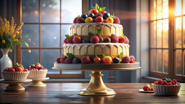 A majestic dessert masterpiece sits proudly on a tiered pedestal beckoning joy and indulgence at any celebration