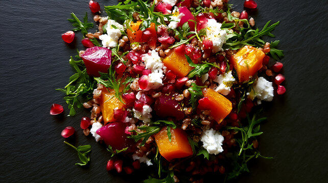 A colorful grain bowl with farro roasted squash pomegranate seeds and goat cheese on slate (1)