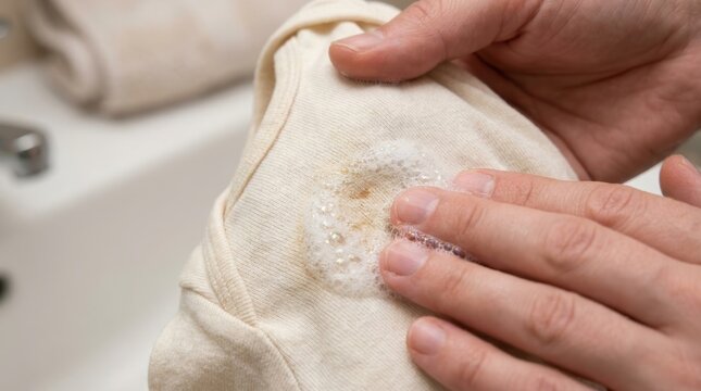 Hands scrubbing a stain on beige fabric with soap bubbles in a sink baby care mom