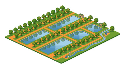 Naklejka premium Isometric Illustration of Orchard Farm with Irrigation Ponds