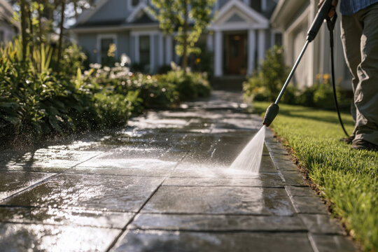 Pressure washing a paved garden path outside a modern home to restore a clean appearance as part of regular property maintenance.