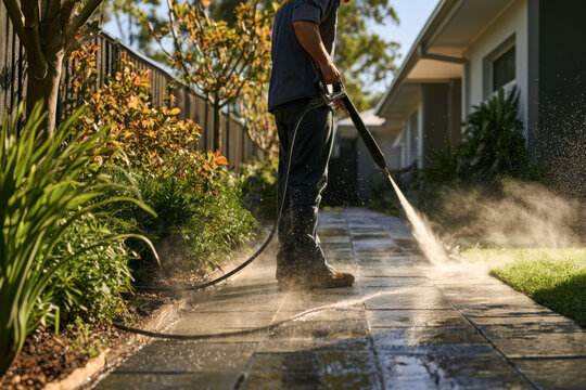 Professional pressure washing a paved garden pathway to remove dirt and grime, improving the appearance and safety of a well maintained residential property.