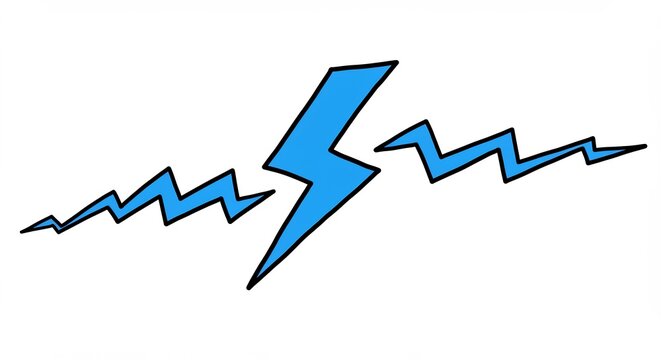 白い空間に鮮やかに輝く青い稲妻のパワフルなシンボルが中心で放電 中央から左右へジグザグに奔る電気の波動が強力なエネルギー伝達を視覚的に表現するダイナミックなグラフィックデザイン. AI Generated