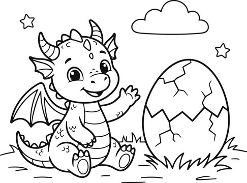 Little dragon sitting beside a cracked egg coloring page vector