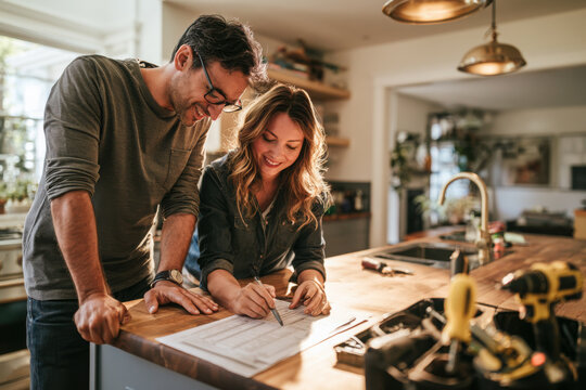 Couple reviewing renovation plans together in a modern kitchen while planning home improvements and residential remodeling projects.